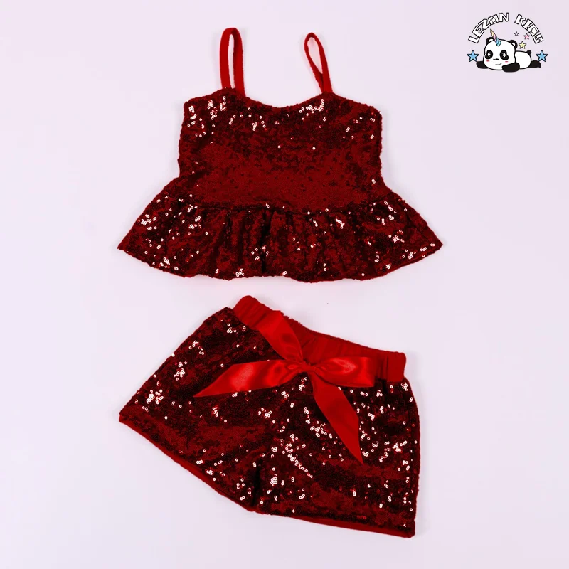 LEZONKIDS - Custom Logo Summer Girls Casual Cotton Suspender Vest Sequins Top Shorts Suit